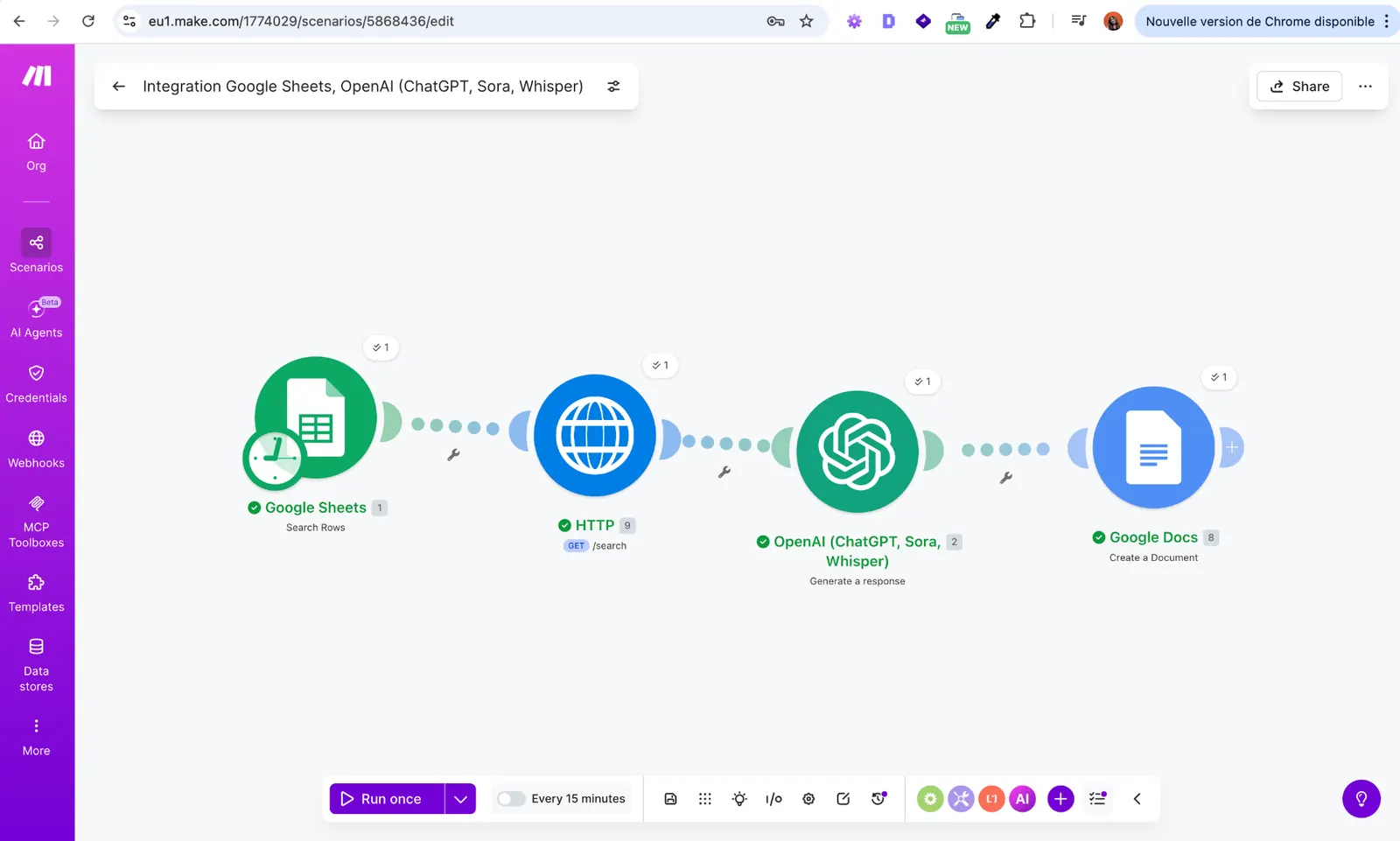 Scénario Make reliant Google Sheets, une API SERP, OpenAI et Google Docs