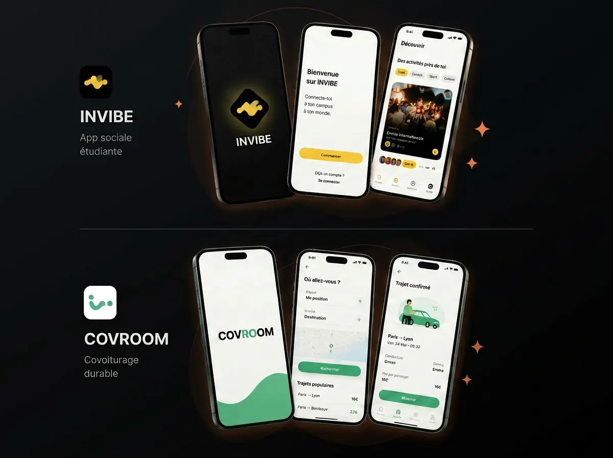 Composition de smartphones présentant les applications INVIBE et Covroom